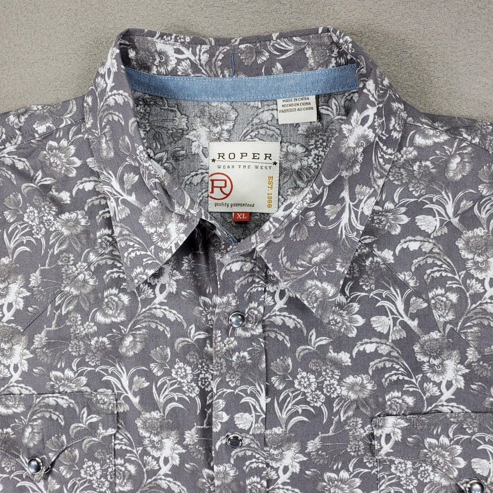 Roper Pearl Snap Shirt Mens XL‎ Gray Floral Cotton Long Sleeve Button Up Western